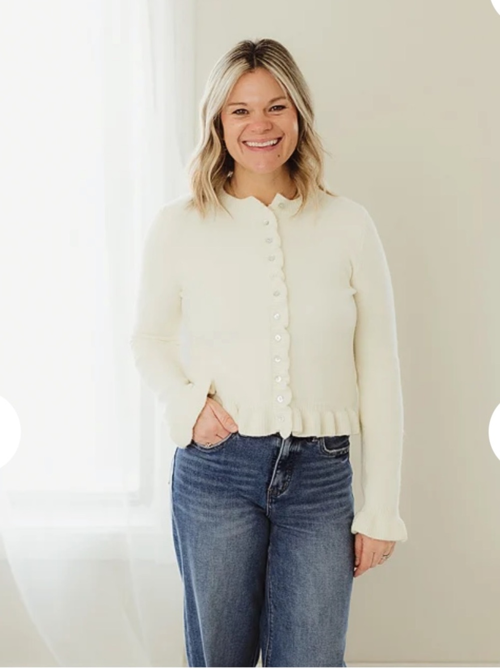Creaman Button-Front Ruffle Hem Sweater - Picture 2 of 4